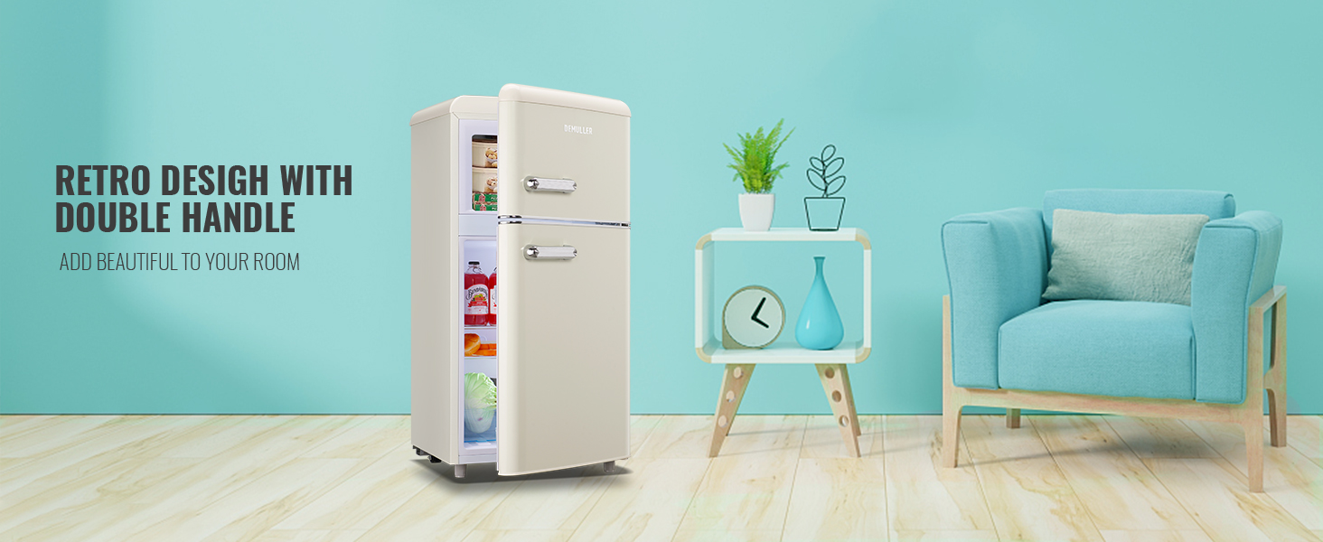 DEMULLER Mini Fridge with Freezer Compact Retro Refrigerator Dual Door  White-YX-100 19inch Wide 