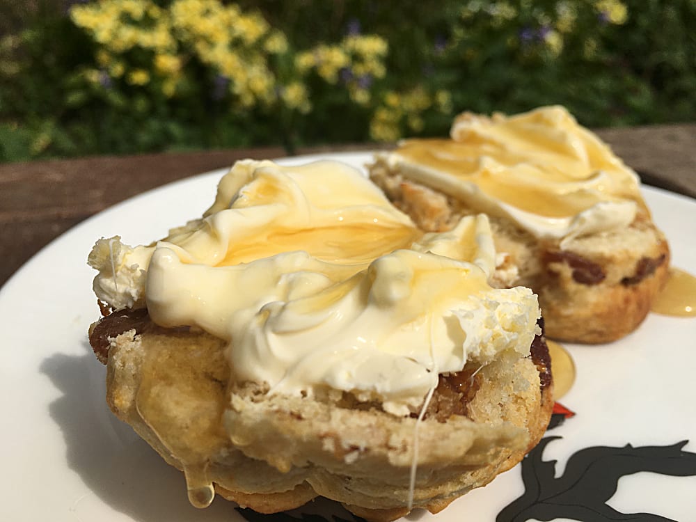 Fig and honey cut in half on a plate with clotted cream and honey drizzled on the top.