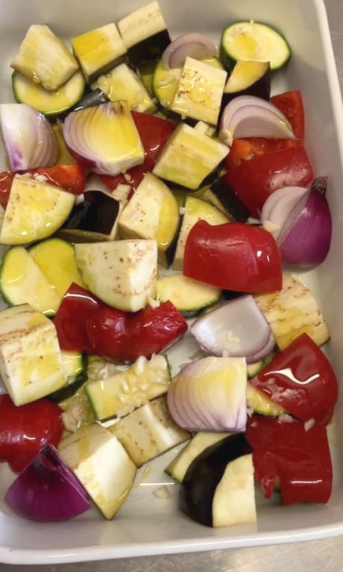 Roasted vegetables in a baking tin