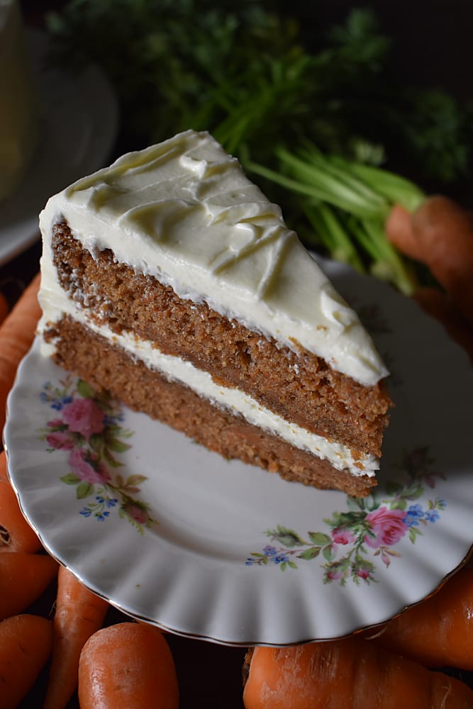 Slice of Classic Carrot Cake Recipe on a plate