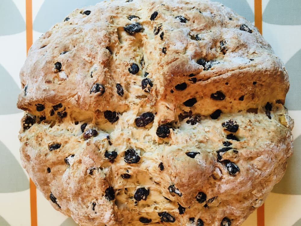 Fruited white soda bread whole on a table Fruited white soda bread whole on a table