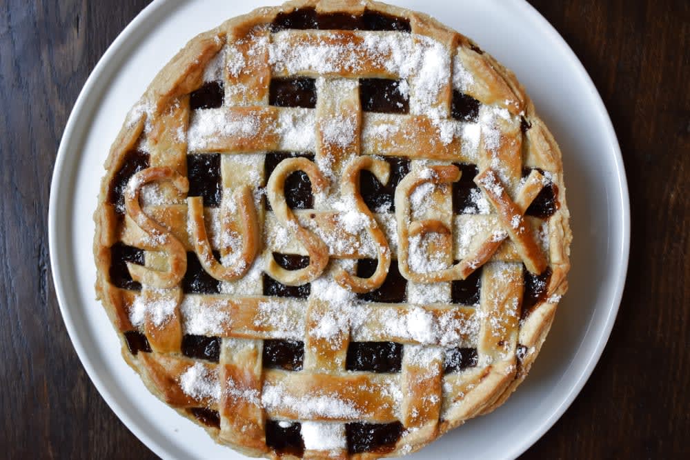 Sussex Pie with lattice pastry top and Sussex written in pastry letters