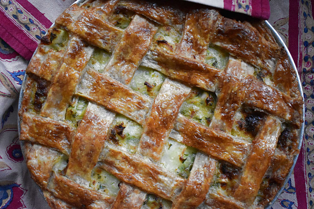 Whole Homity Pie with lattice pastry top
