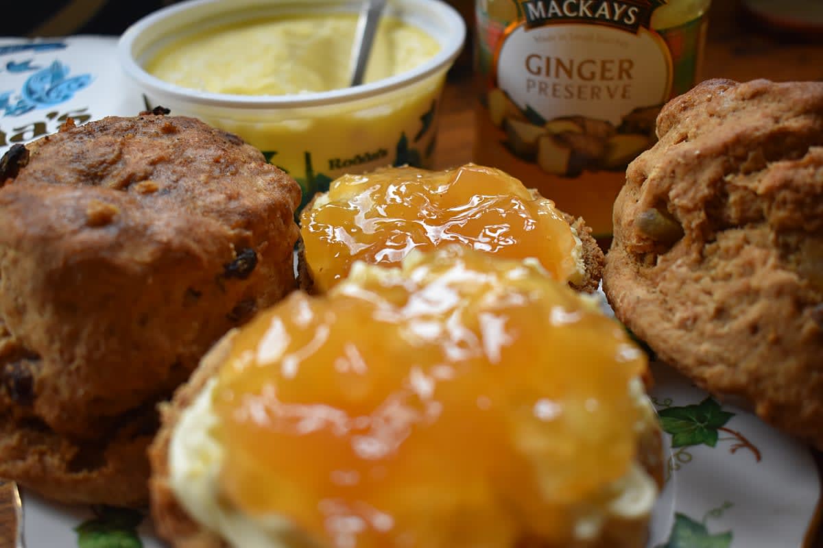 Sweet and Spicy Gingerbread Scones served with ginger preserve and clotted cream