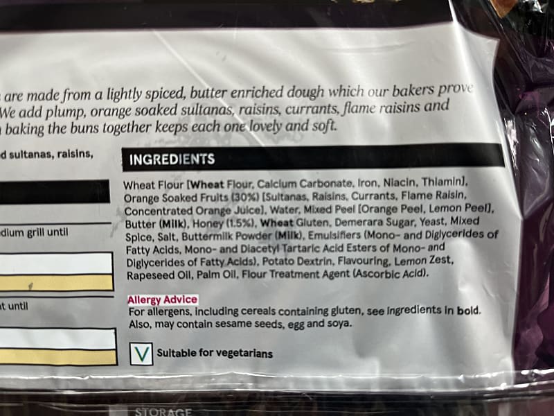 Tesco Hot Cross Buns ingredients list on back of packaging.