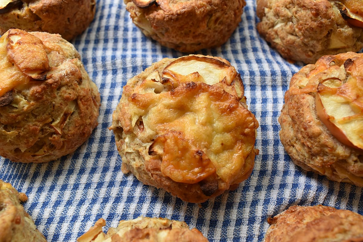Apple and Cheese Scones on a blue checked tea towel