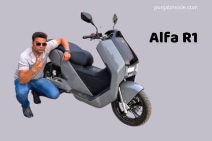 A man sit beside a JHEV Alfa R1 EV scooter for advertisement