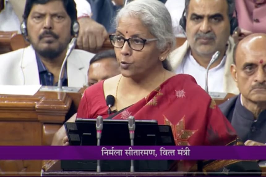 Finance Minister Nirmala Sitharaman addressing budget in parliament