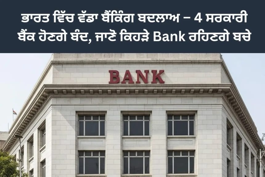 ਭਾਰਤ ਵਿੱਚ ਵੱਡਾ ਬੈਂਕਿੰਗ ਬਦਲਾਅ – 4 ਸਰਕਾਰੀ ਬੈਂਕ ਹੋਣਗੇ ਬੰਦ, ਜਾਣੋ ਕਿਹੜੇ Bank ਰਹਿਣਗੇ ਬਚੇ