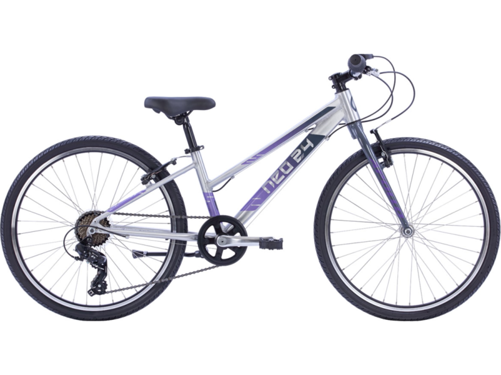 Neo+ 24 7-Speed Kids Bike, Brushed Alloy/Charcoal/Lavender Fade