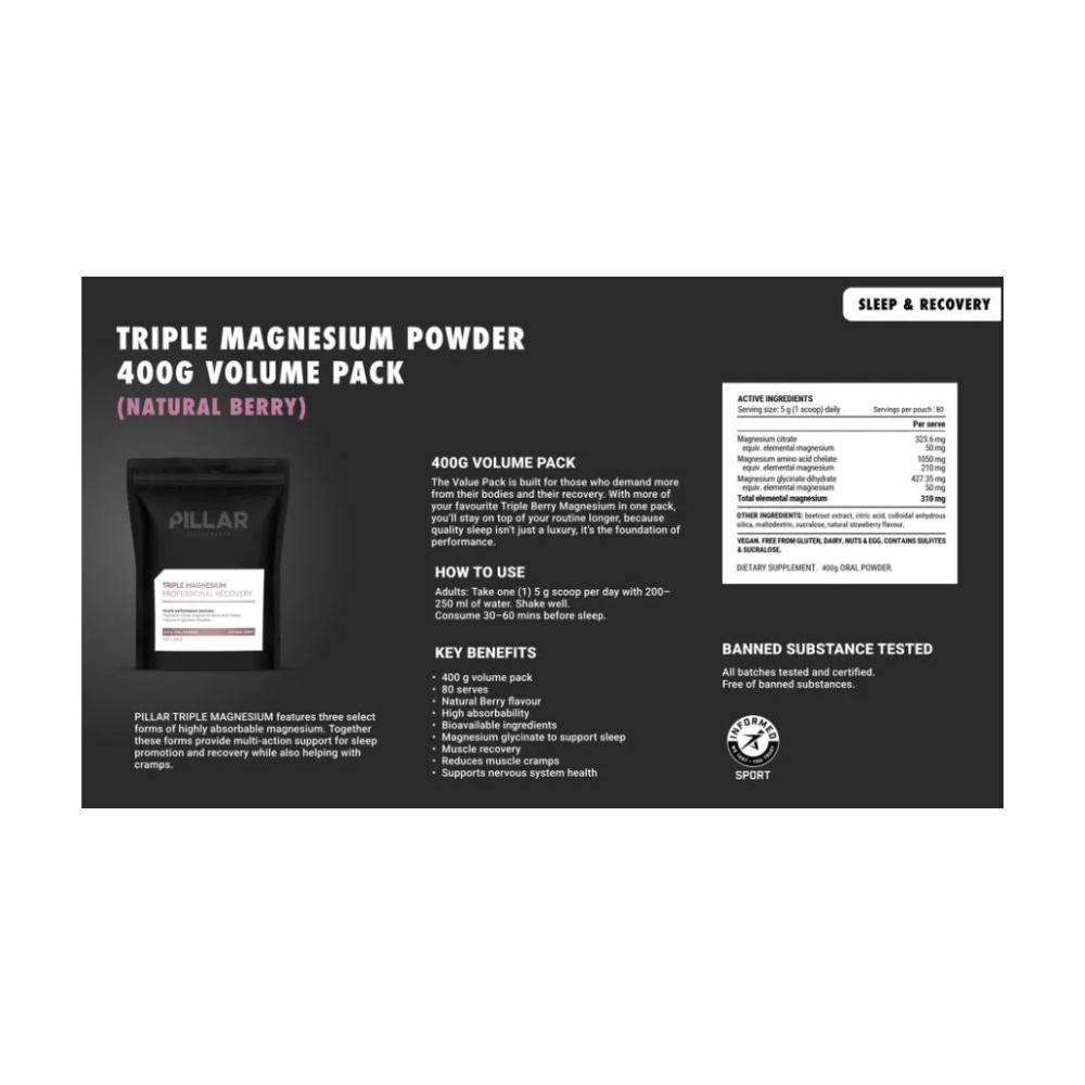 Pillar Triple Magnesium Powder Volume Pack 400 g, Natural Berry