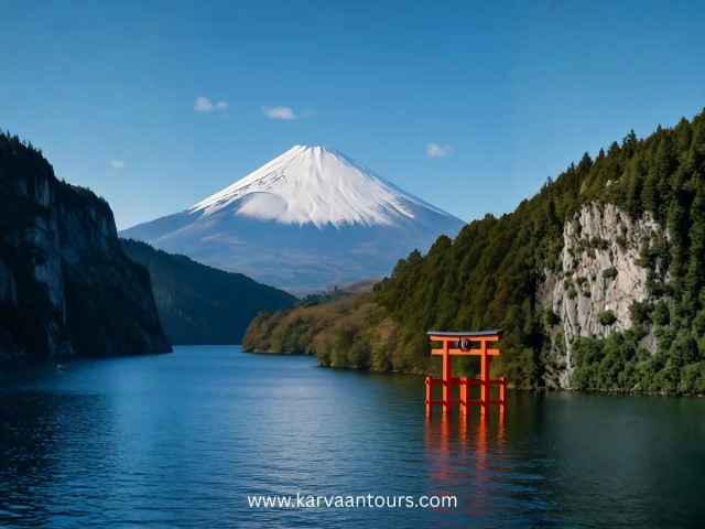 Mount Fuji view with Torii Gate at Lake Ashi