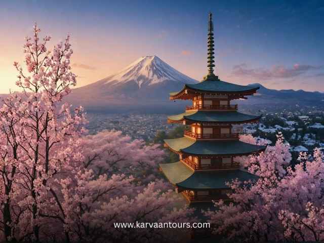 A multi-tiered Japanese pagoda in a park near Mt Fuji