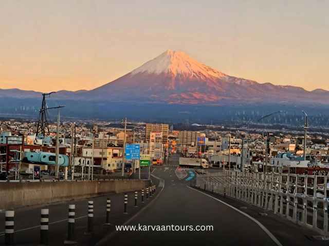 Sunset view of Mount Fuji over a quiet Japanese town