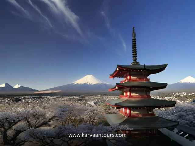 Chureito Pagoda and Mt Fuji with cherry blossoms in spring