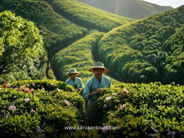 Japanese farmers working in a lush green tea plantation