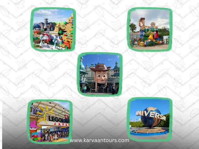 Collage of top Japan theme parks featuring Super Nintendo World, Toy Story Mania, LEGOLAND Japan, and Universal Studios.