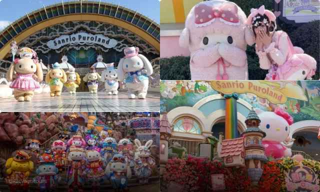 Collage of Sanrio Puroland highlights showing characters, entrance, shows and themed experiences in Tokyo