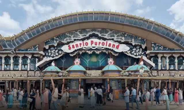 Main entrance of Sanrio Puroland Tokyo with visitors gathered outside the theme park