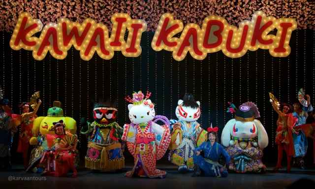 Hello Kitty and Sanrio characters performing kawaii kabuki live stage show at Sanrio Puroland