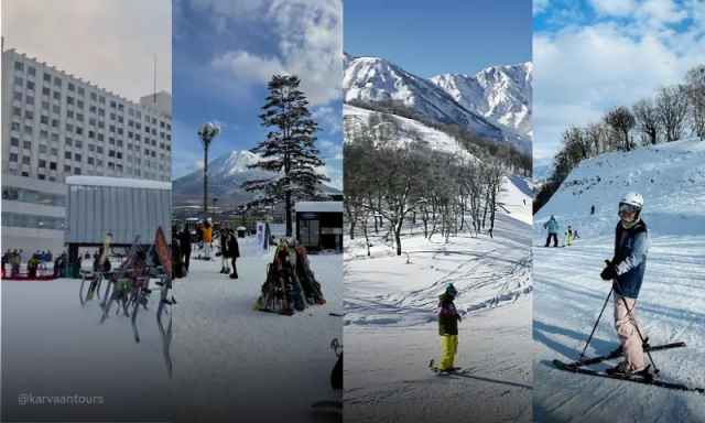 A vertical four-panel photo collage showing different scenes from a busy Japanese ski resort.