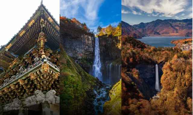 Japan travel collage featuring Nikko Toshogu Shrine, Kegon Falls, and Lake Chuzenji in autumn