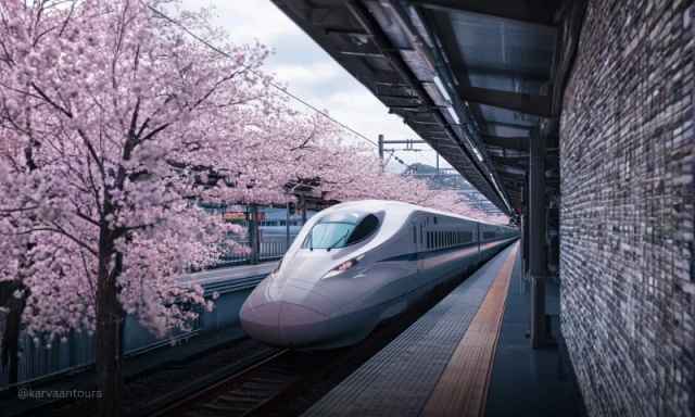 Japanese bullet train at station surrounded by cherry blossom trees