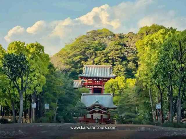 The entrance gate to Hokokuji Temple, featuring a traditional, rustic wooden structure set against a backdrop of dense trees and mossy surroundings.