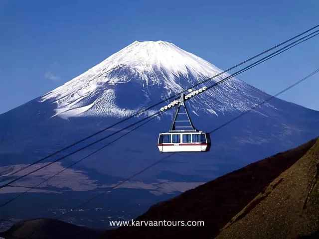 A close-up view of the Hakone Ropeway cable car moving along the wire, with the majestic, snow-capped Mount Fuji clearly visible in the bright blue sky behind it.