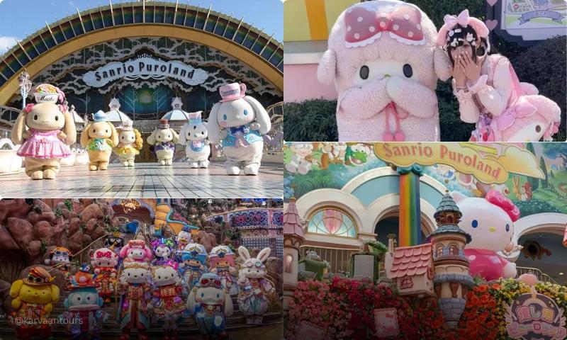 Collage of Sanrio Puroland highlights showing characters, entrance, shows and themed experiences in Tokyo