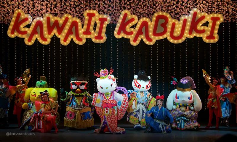 Hello Kitty and Sanrio characters performing kawaii kabuki live stage show at Sanrio Puroland