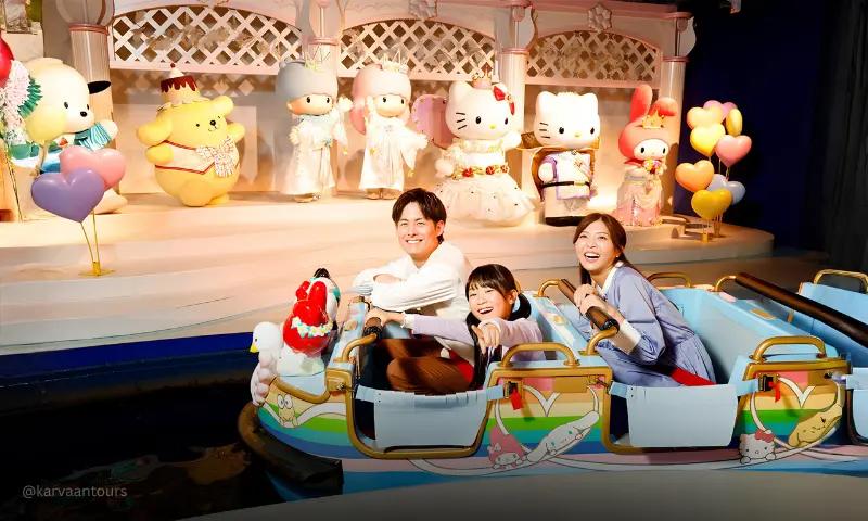 Sanrio characters on stage during awards ceremony event with audience at Sanrio Puroland Tokyo