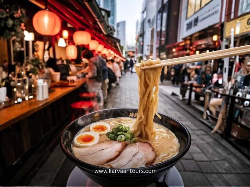 A close-up, appetizing shot of a steaming bowl of Japanese ramen served at a street-dining spot in Yokohama, with chopsticks lifting a portion of noodles from the rich broth.