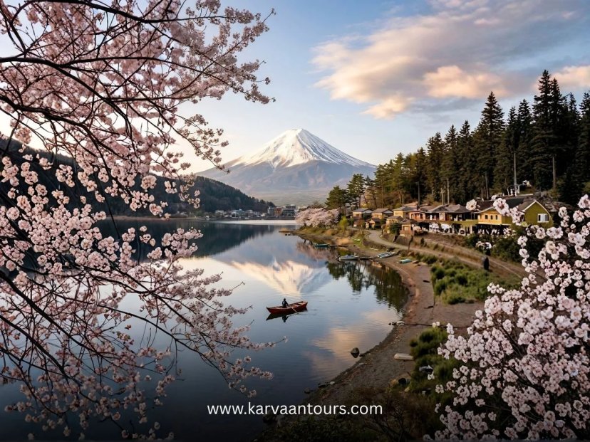 A cherry tree in full bloom overlooking a river and Mt Fuji