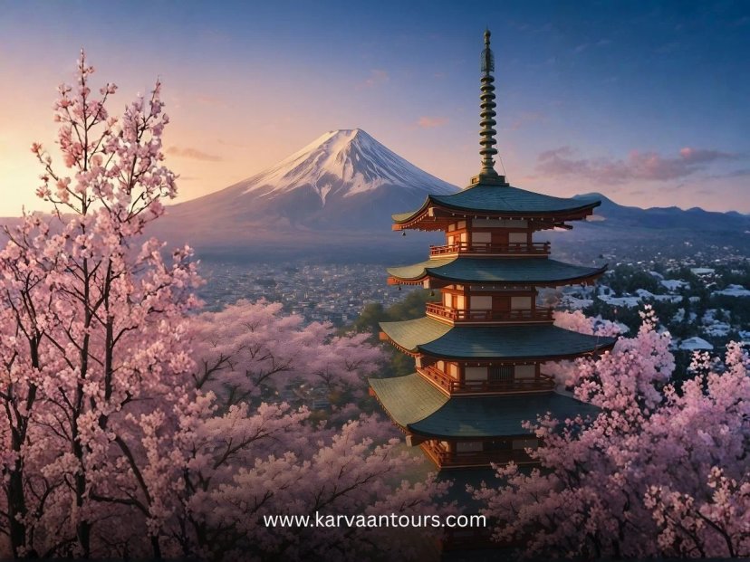 A multi-tiered Japanese pagoda in a park near Mt Fuji