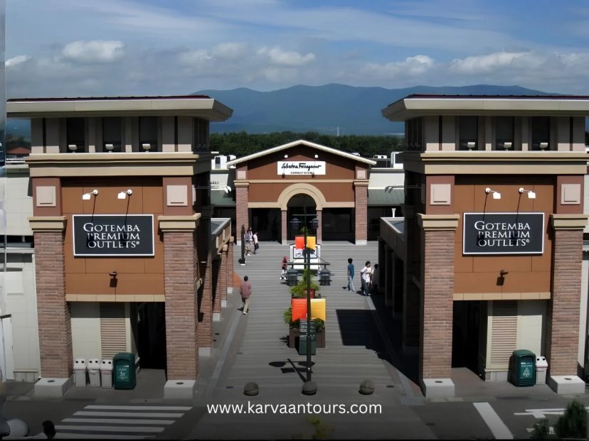 Entrance of Gotemba Premium Outlets with mountain backdrop