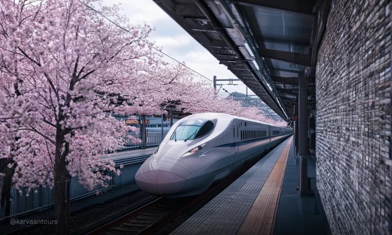 Japanese bullet train at station surrounded by cherry blossom trees