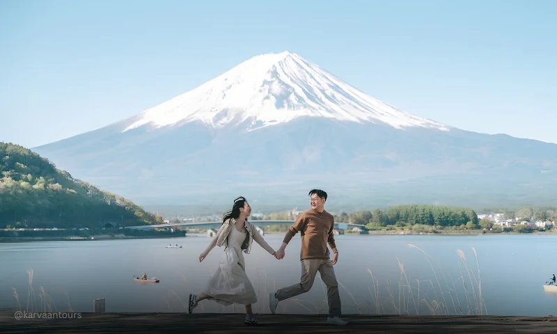 Romantic couple enjoying scenic Mount Fuji and Lake Kawaguchi views during a Japan trip