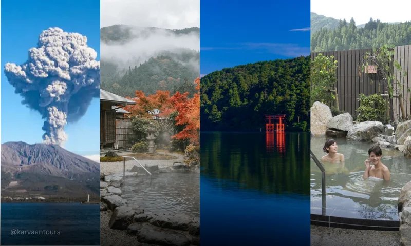 Collage of Japanese volcano, hot springs, lake torii gate, and traditional onsen experiences.