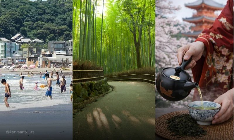 Collage of Japanese beach, bamboo forest path, and traditional tea ceremony