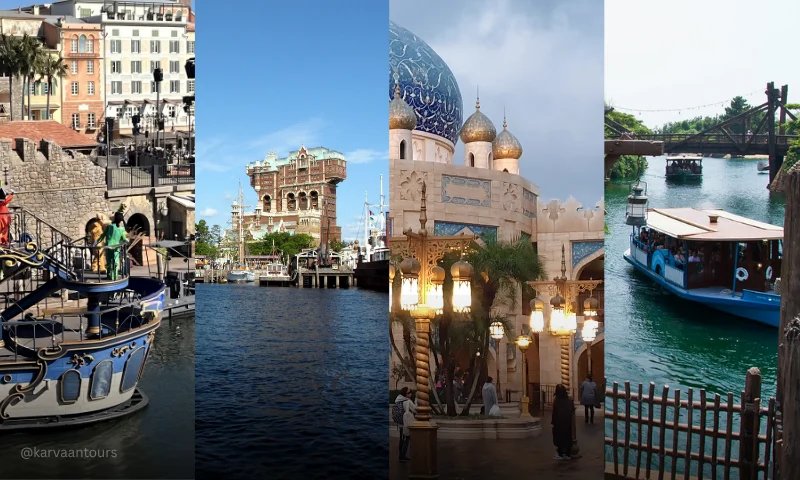 Tokyo DisneySea collage featuring Mediterranean Harbor, Tower of Terror, Arabian Coast, and DisneySea Transit Steamer