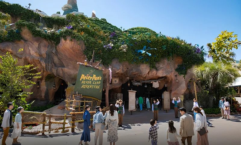 Guests entering Peter Pan’s Never Land Adventure attraction in the Fantasy Springs area of Tokyo DisneySea