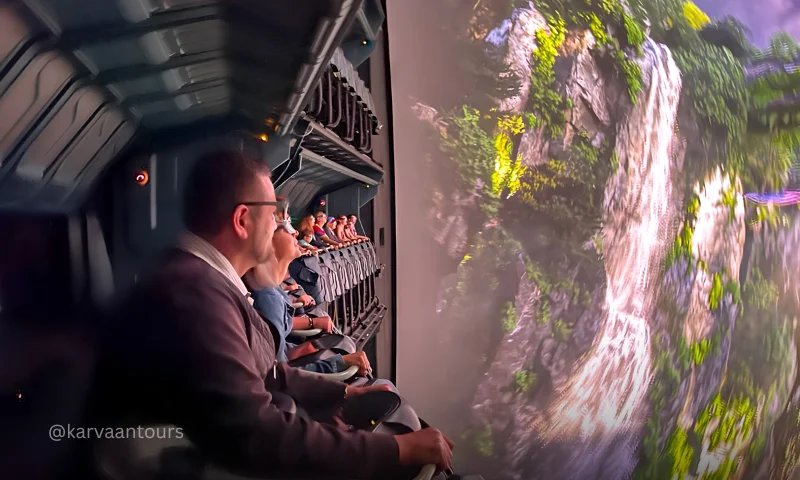 Guests riding Soaring Fantastic Flight attraction at Tokyo DisneySea