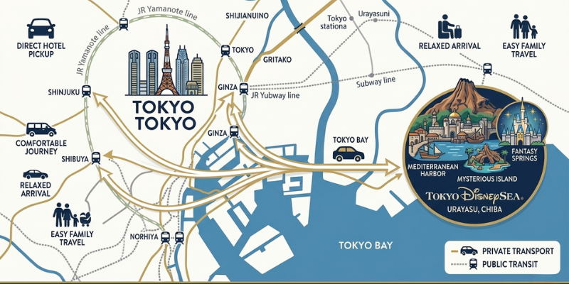 An illustrative map showing direct private chauffeur transport routes from various Tokyo locations to Tokyo DisneySea