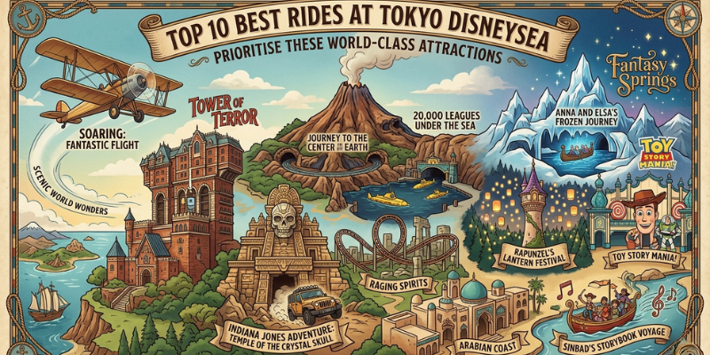 An illustrated guide showcasing the top 10 must-visit attractions at Tokyo DisneySea, including Fantasy Springs, Journey to the Center of the Earth, and Soaring: Fantastic Flight.