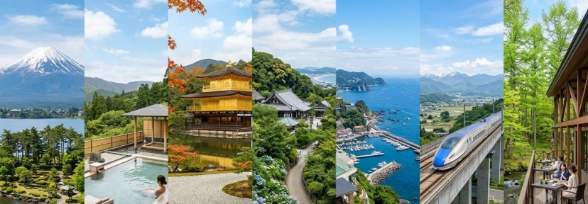 A vertical, seven-paneled collage showcasing iconic Japanese travel destinations and experiences, featuring Mount Fuji over a lake, a serene outdoor hot spring, the golden Kinkaku-ji temple, a path lined with hydrangeas, a scenic coastal harbor, a modern Shinkansen bullet train passing through mountains, and people dining on a forest-view balcony.