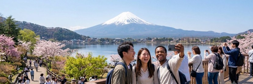 iconic red five-story pagoda overlooking Mount Fuji is the Chureito Pagoda