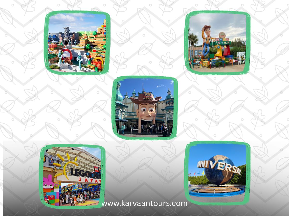 Collage of top Japan theme parks featuring Super Nintendo World, Toy Story Mania, LEGOLAND Japan, and Universal Studios.