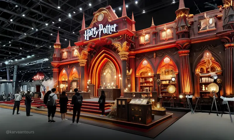 A wide view of a grand, indoor Harry Potter exhibition set inside a massive studio hall. The structure features ornate gothic archways, towering golden pillars, and glowing orange ambient lights beneath a massive neon "Harry Potter" sign as visitors explore the display.