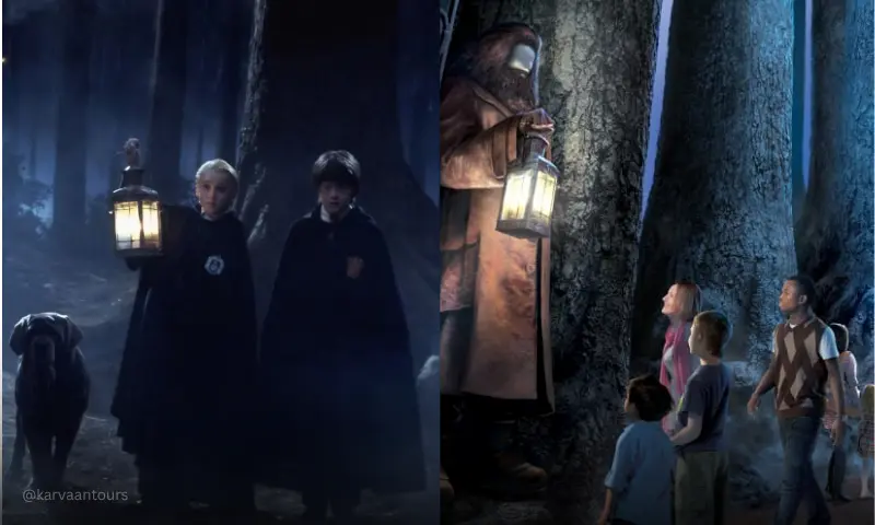A split-screen image showing Draco Malfoy and Harry Potter holding a lantern in the dark forest from the movie on the left, contrasted with an indoor tour set on the right where visitors look up at a giant figure of Hagrid holding a glowing lantern next to massive trees.